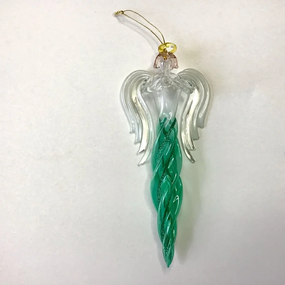 Angel Icicle Christmas Ornament Green Glitter Twisted Swirl Acrylic Wings Horn